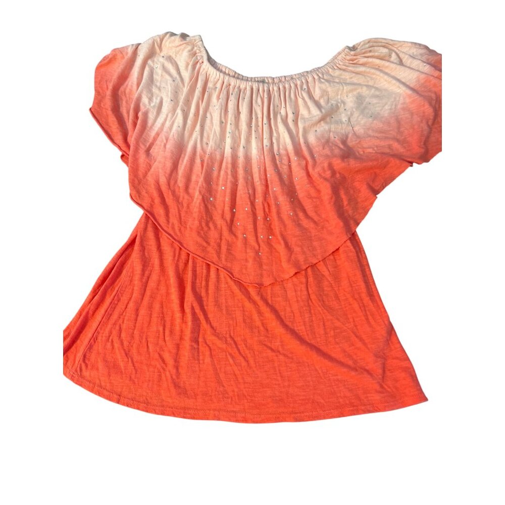 Reba Ombre Rhinestone Off Shoulder Peasant Top Coral White Silver Glitter M NWT